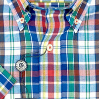 Cotton Madras Short Sleeve Cotton Sport Shirt in Navy. Green, and Red Multi Plaid by Viyella