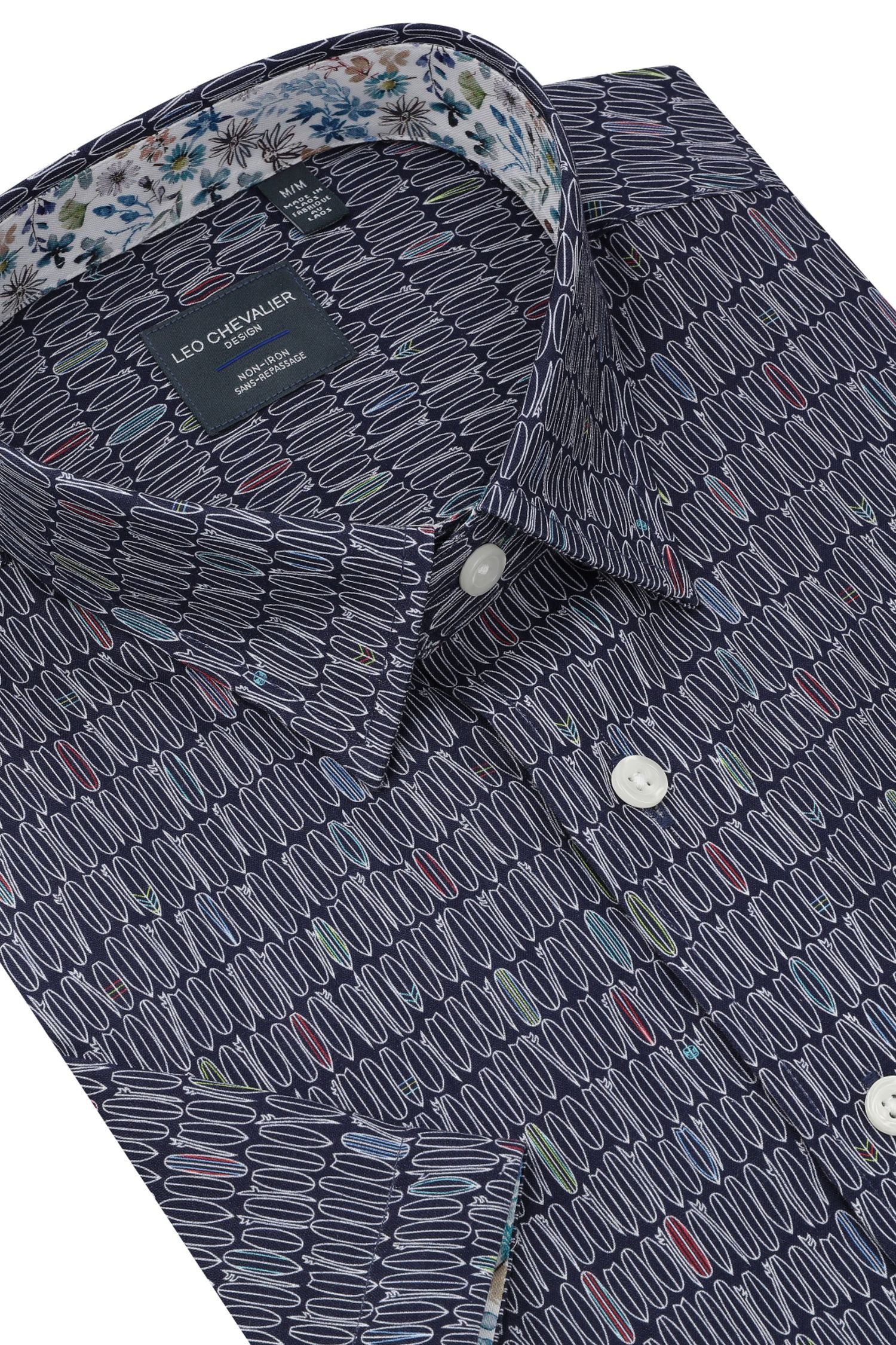 Surf's Up Navy Print Short Sleeve No-Iron Cotton Sport Shirt with Hidden Button Down Collar by Leo Chevalier