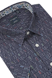 Surf's Up Navy Print Short Sleeve No-Iron Cotton Sport Shirt with Hidden Button Down Collar by Leo Chevalier