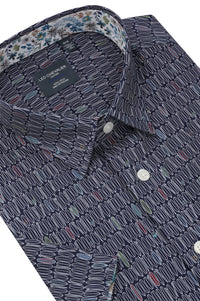 Surf's Up Navy Print Short Sleeve No-Iron Cotton Sport Shirt with Hidden Button Down Collar by Leo Chevalier