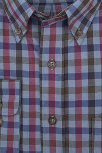 Blue, Maroon, and Brown Plaid Cotton and Wool Blend Button-Down Shirt by Viyella