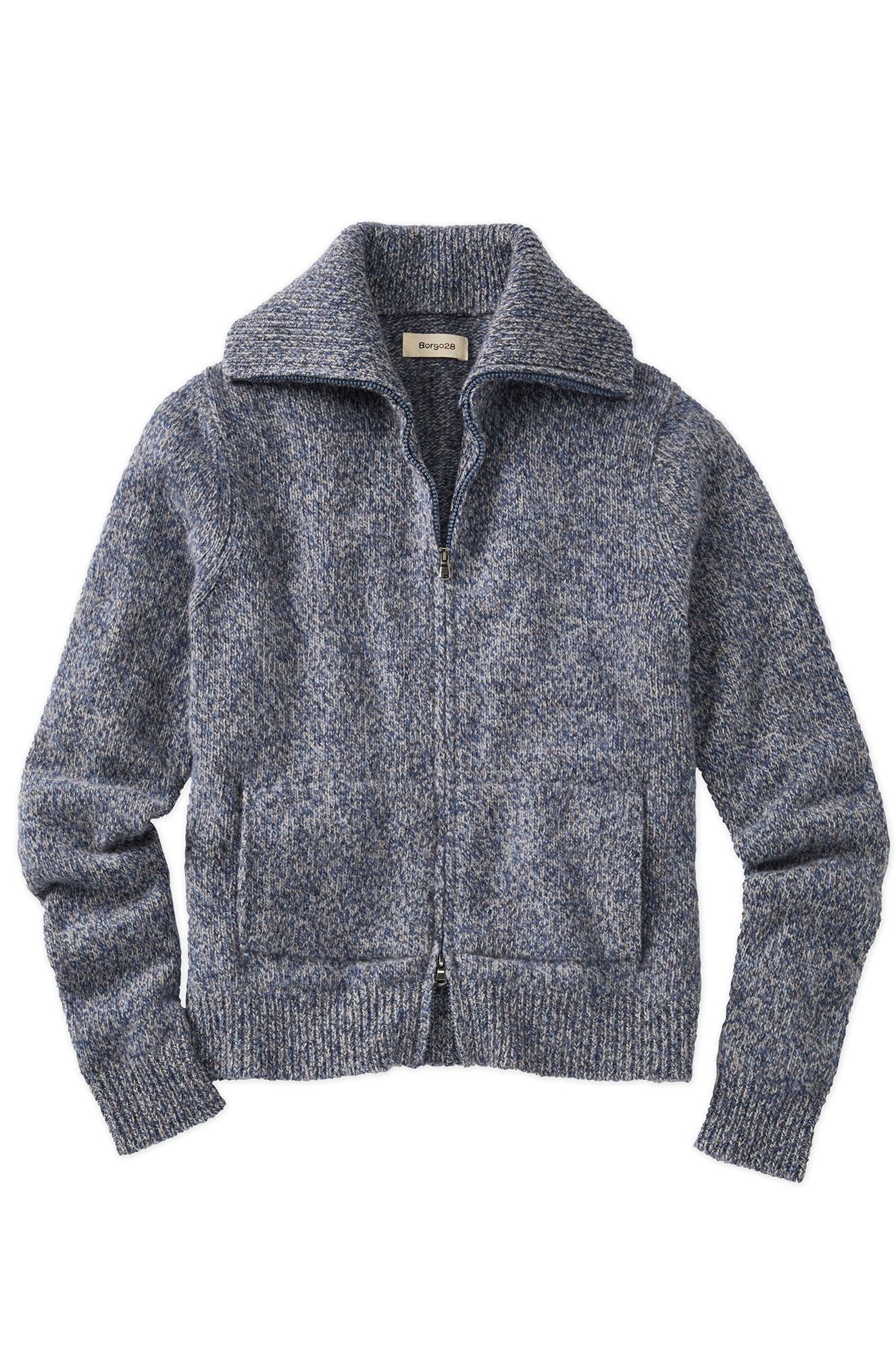 Wool and Cashmere Kangaroo Pocket Zip-Front Cardigan Sweater in Blue Mix by Borgo28