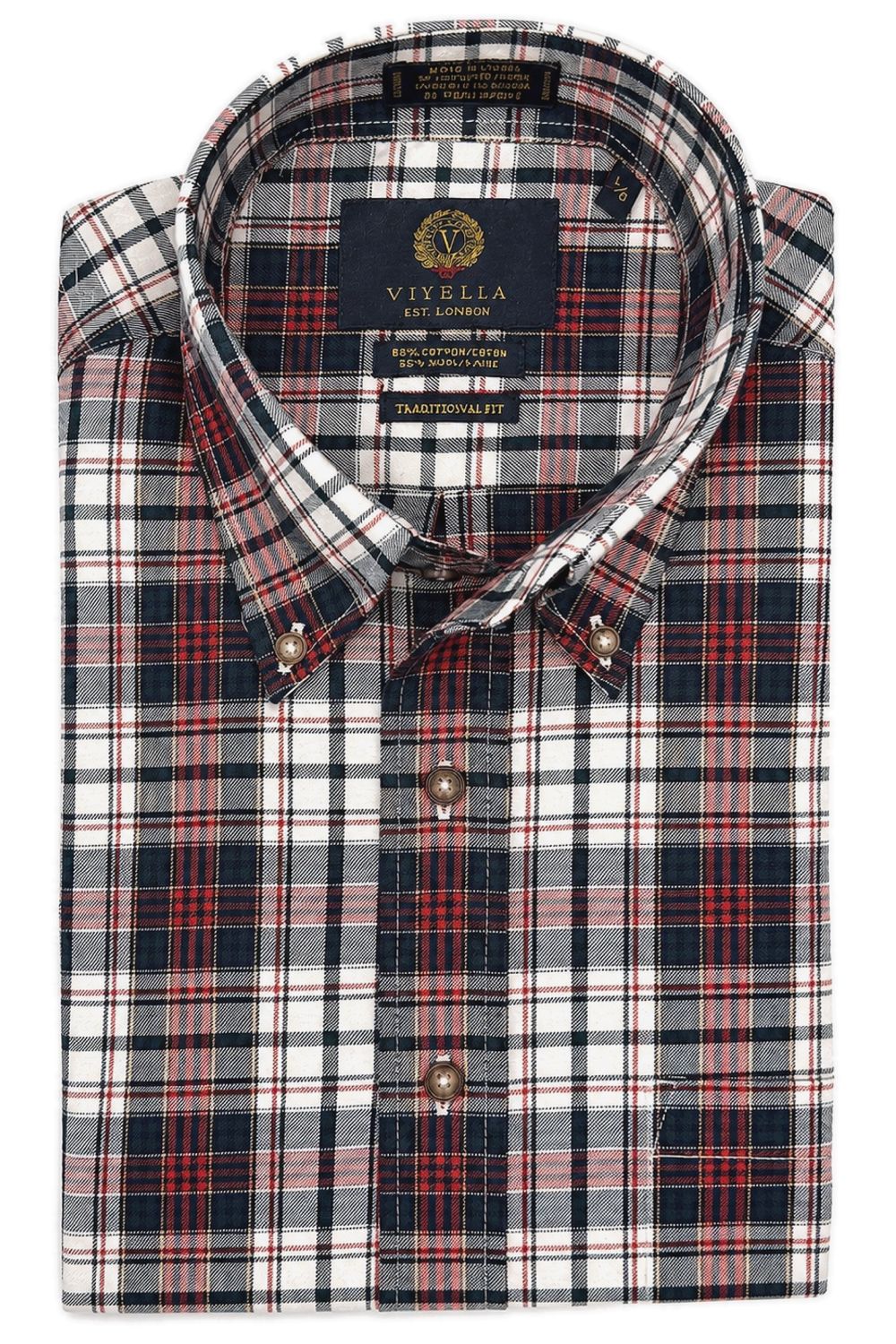 Red, Black, and Winter White Plaid Cotton and Wool Blend Button-Down Shirt by Viyella