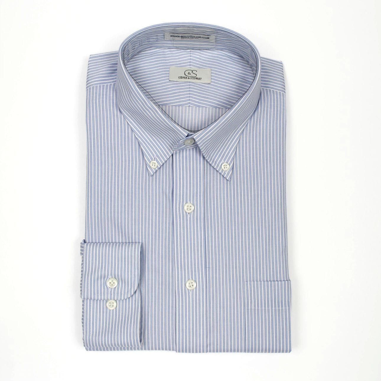 Blue Shadow Stripe Wrinkle-Free Stretch Cotton Dress Shirt with Button-Down Collar by Cooper & Stewart