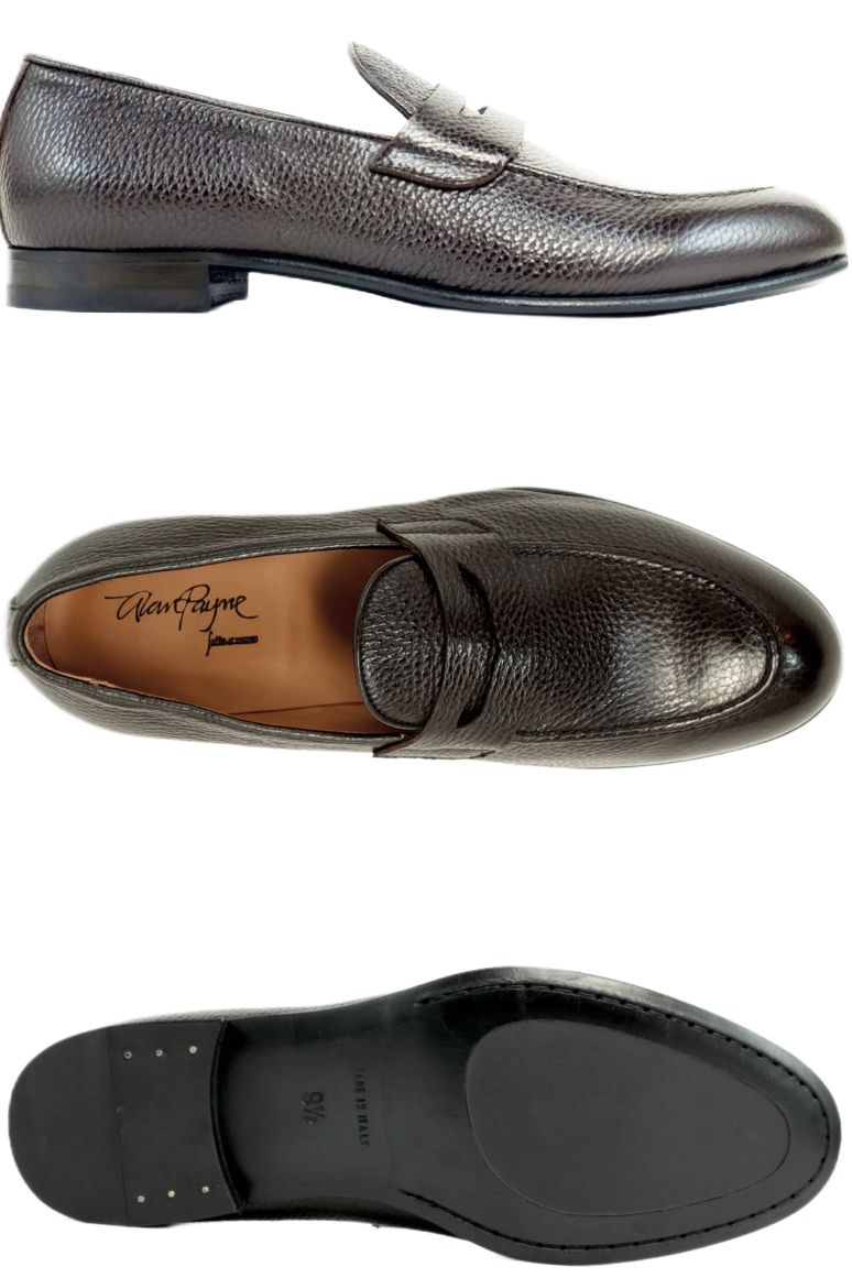 Carlo Italian Pebble Grain Calfskin Dress Penny Loafer in Brown by Alan Payne Footwear