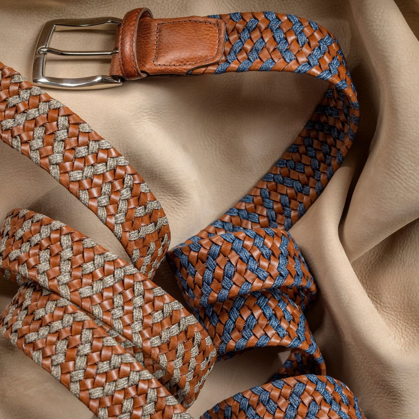 Braided Italian Leather and Linen Belt in Cognac and Navy by Torino Le