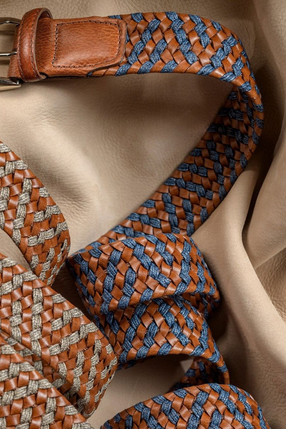 Braided Italian Leather and Linen Belt in Cognac and Navy by Torino Leather