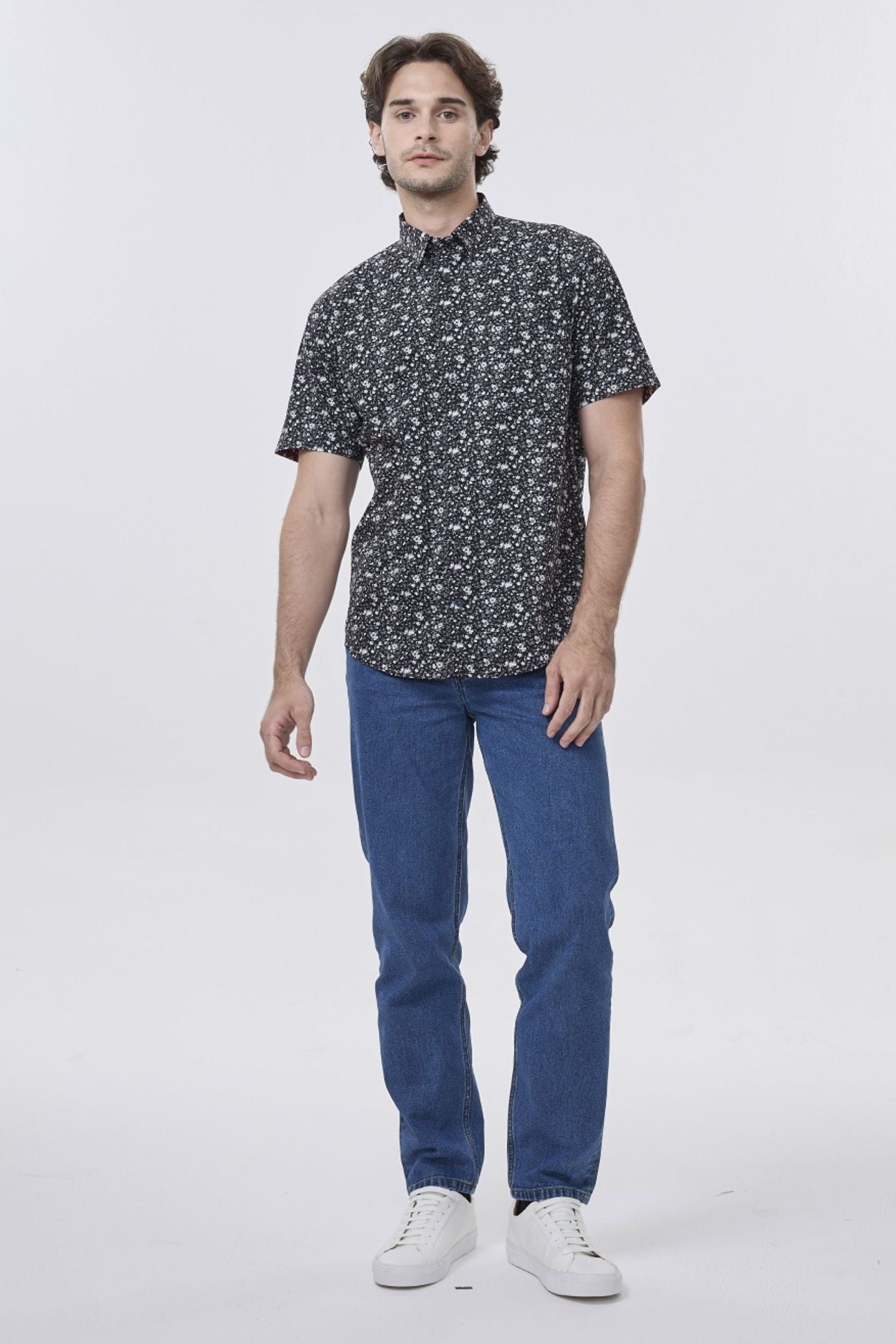 Black and Grey Floral Print Short Sleeve No-Iron Cotton Sport Shirt with Hidden Button Down Collar by Leo Chevalier