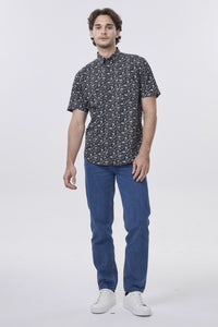Black and Grey Floral Print Short Sleeve No-Iron Cotton Sport Shirt with Hidden Button Down Collar by Leo Chevalier