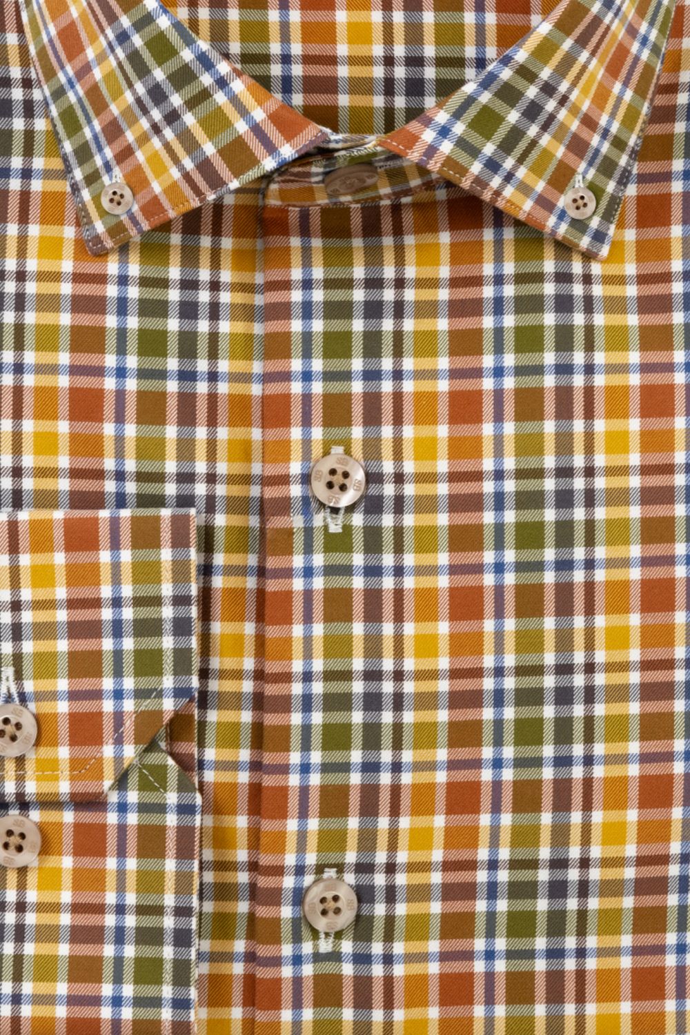 Italian Compact Twill Plaid Cotton Sport Shirt with Button Down Collar in Auburn Multi by Scott Barber