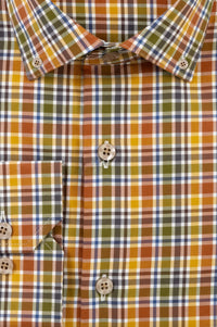Italian Compact Twill Plaid Cotton Sport Shirt with Button Down Collar in Auburn Multi by Scott Barber