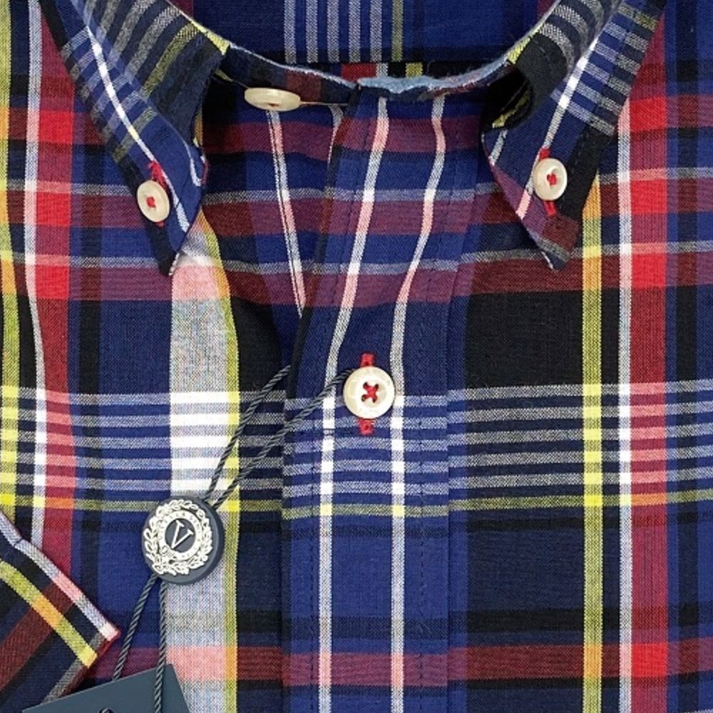Cotton Madras Short Sleeve Cotton Sport Shirt in Navy and Red Plaid by Viyella
