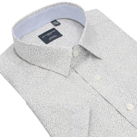 Grey Geometric Wave Print Short Sleeve No-Iron Cotton Sport Shirt with Hidden Button Down Collar by Leo Chevalier