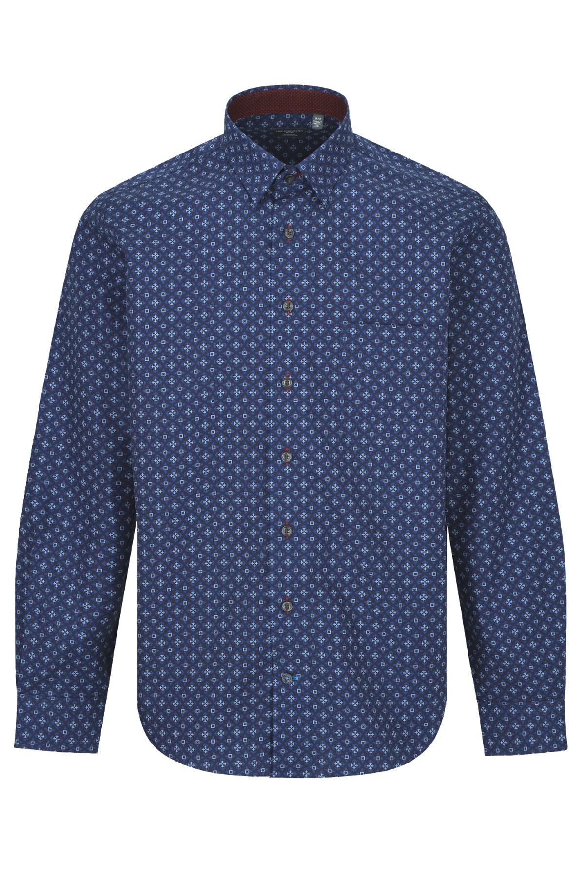 Multi Blue and Wine Geometric Cotton Sport Shirt with Hidden Button Down Collar by Leo Chevalier