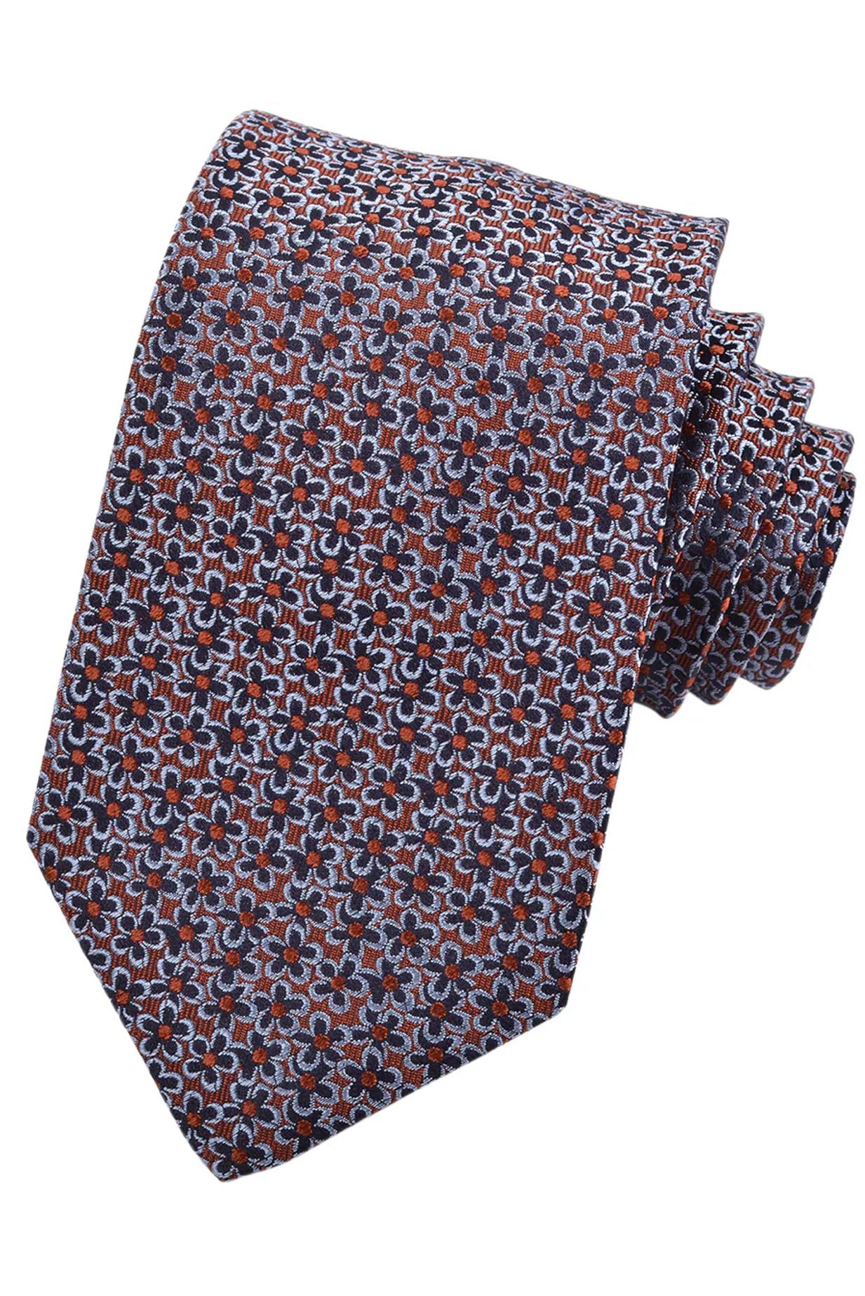 Cognac, Sky, and Navy Bordered Mini Floral Woven Silk Jacquard Tie by Dion Neckwear