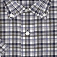 Moss, Navy, and Grey Plaid Short Sleeve No-Iron Cotton Sport Shirt with Button Down Collar (Size Large) by Leo Chevalier