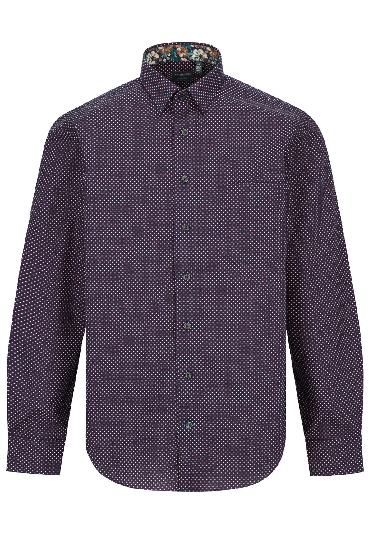 Wine and Navy Dot Print Cotton Sport Shirt with Hidden Button Down Collar by Leo Chevalier