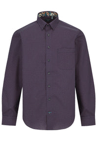 Wine and Navy Dot Print Cotton Sport Shirt with Hidden Button Down Collar by Leo Chevalier