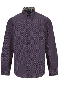 Wine and Navy Dot Print Cotton Sport Shirt with Hidden Button Down Collar by Leo Chevalier