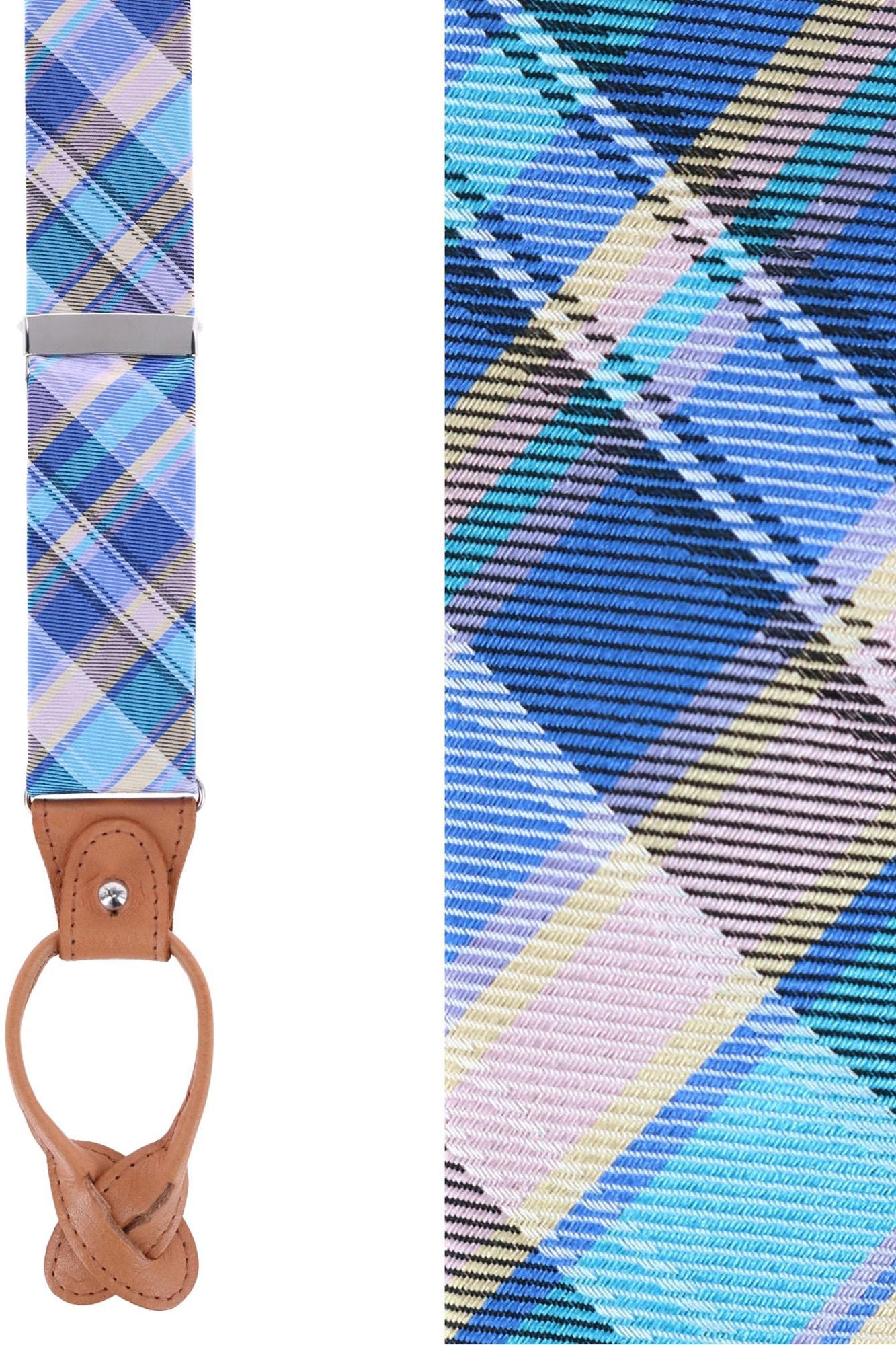 Blue Multi Plaid Silk Formal Button End Braces by Trafalgar
