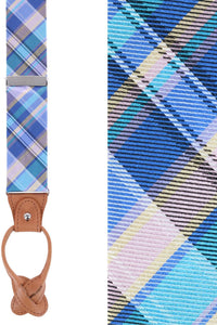 Blue Multi Plaid Silk Formal Button End Braces by Trafalgar