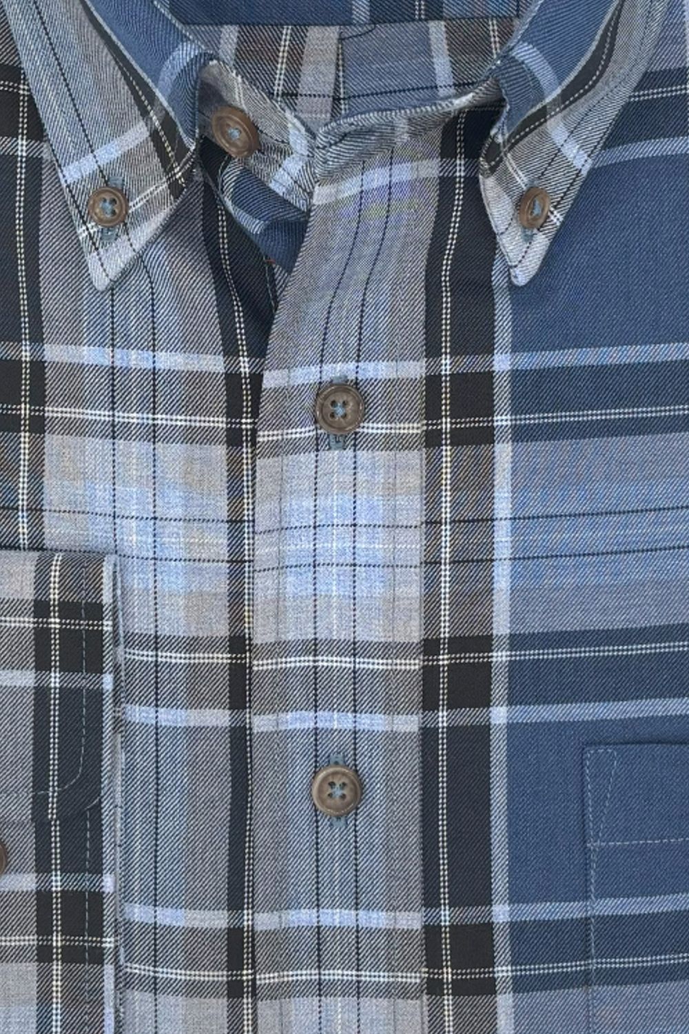 Denim Blue and Grey Plaid Cotton and Wool Blend Button-Down Shirt by Viyella