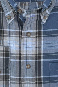Denim Blue and Grey Plaid Cotton and Wool Blend Button-Down Shirt by Viyella
