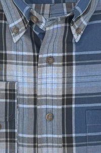 Denim Blue and Grey Plaid Cotton and Wool Blend Button-Down Shirt by Viyella