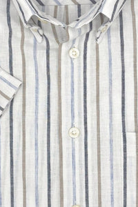 Blue, Navy, Taupe, and Natural Stripe Cotton and Linen Short Sleeve Sport Shirt by Viyella