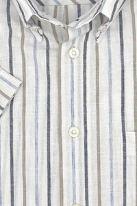 Blue, Navy, Taupe, and Natural Stripe Cotton and Linen Short Sleeve Sport Shirt by Viyella