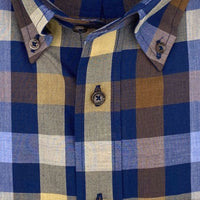 Navy and Gold Multi Plaid Cotton and Wool Blend Button-Down Shirt by Viyella