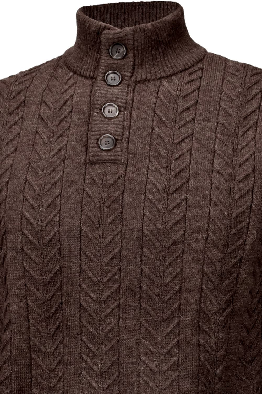 Royal Alpaca Cable Knit Button-Mock Sweater in Chocolate Heather by Peru Unlimited