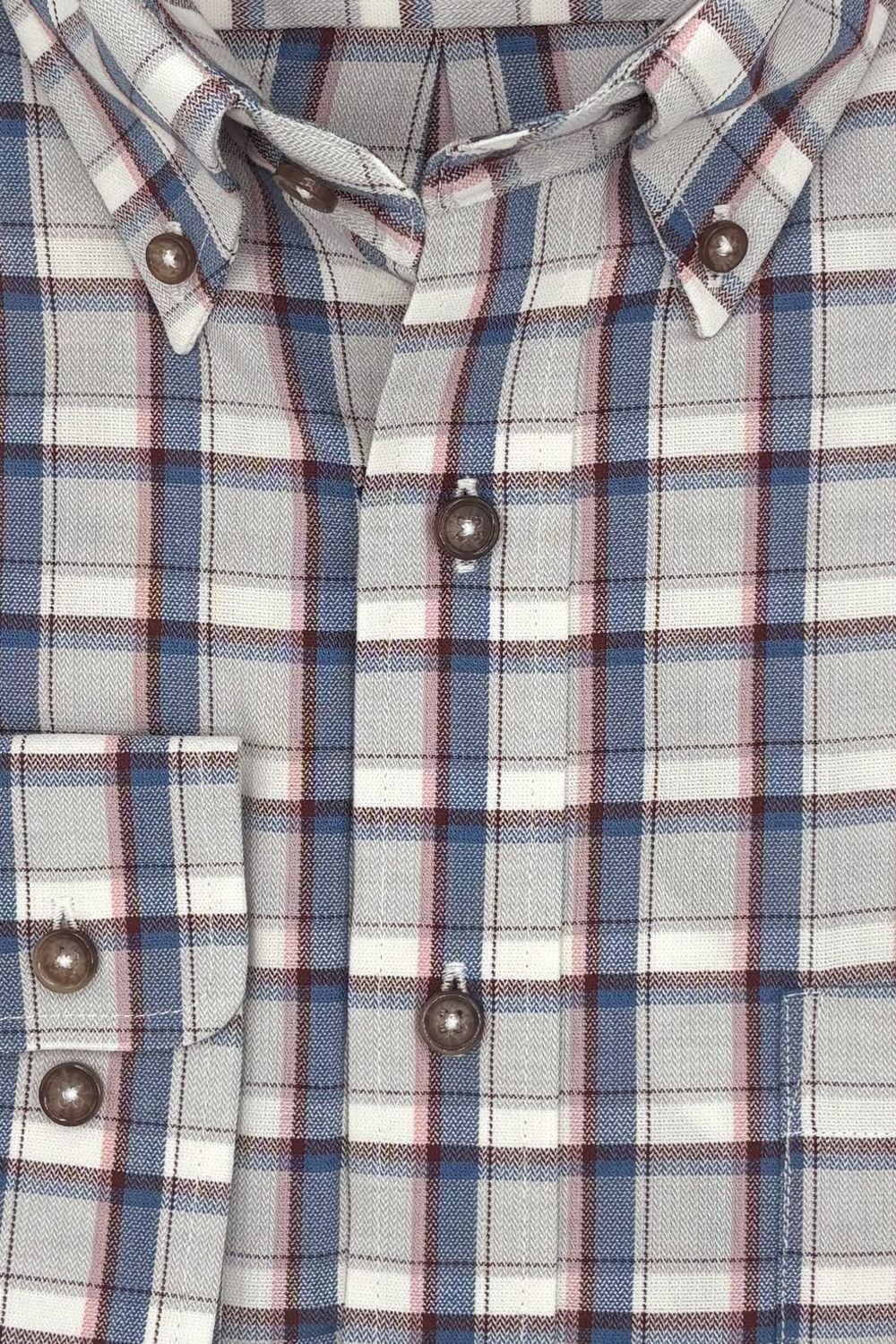 Light Grey, Blue, and Pink Plaid Cotton and Wool Blend Button-Down Shirt by Viyella