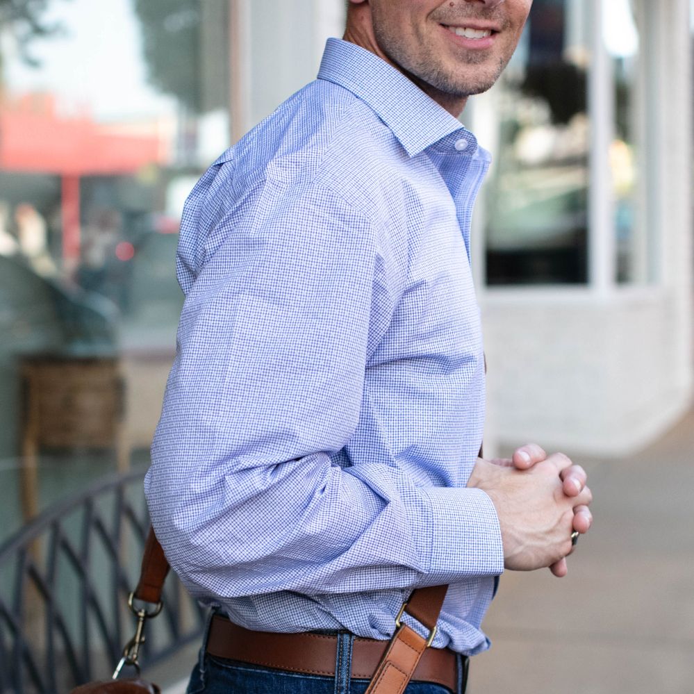 Blue Dobby on Graph Check Stretch Cotton Wrinkle-Free Dress Shirt with Spread Collar by Cooper & Stewart