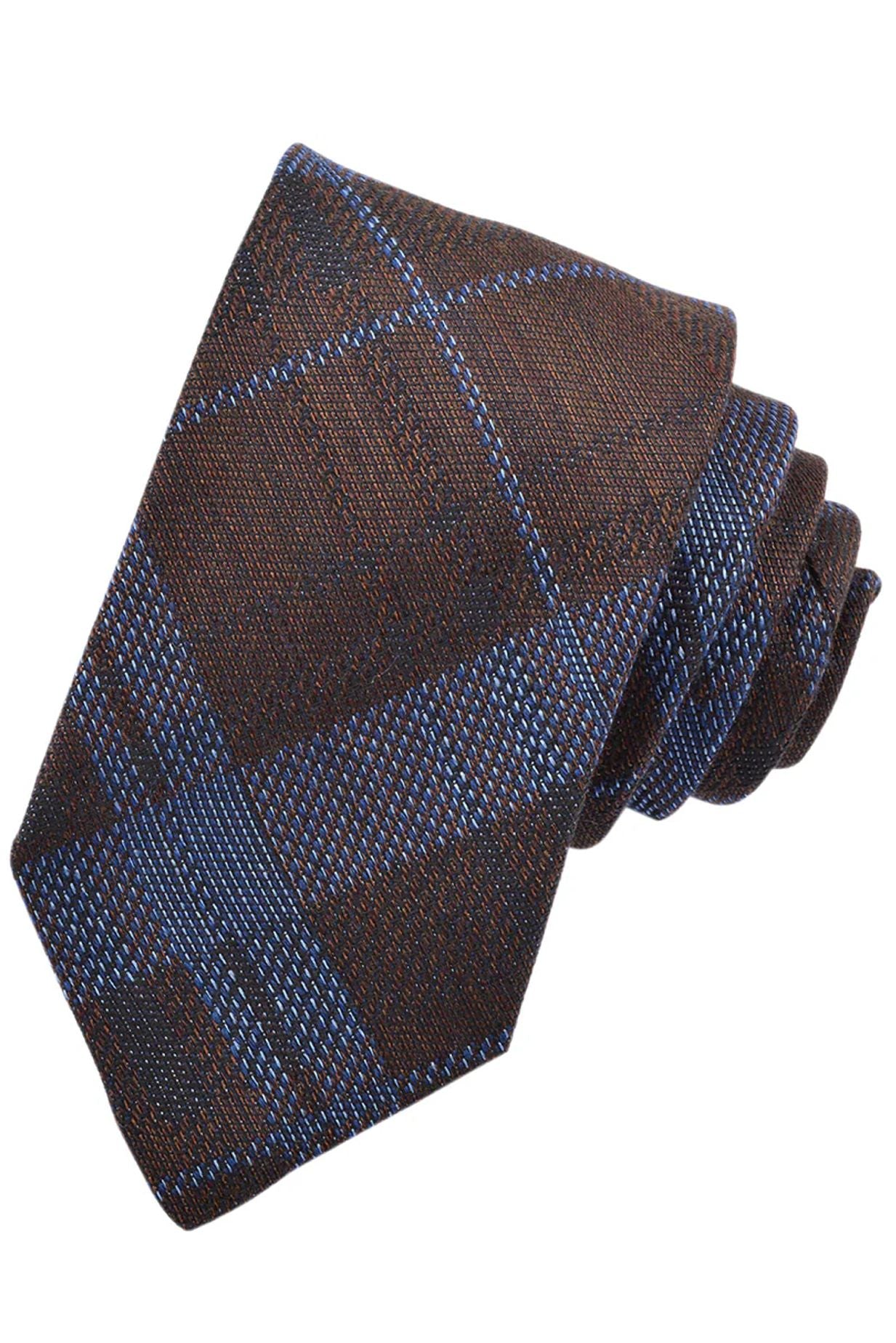 Powder Blue and Mocha Mélange Plaid Woven Silk, Cotton, and Wool Tie by Dion Neckwear