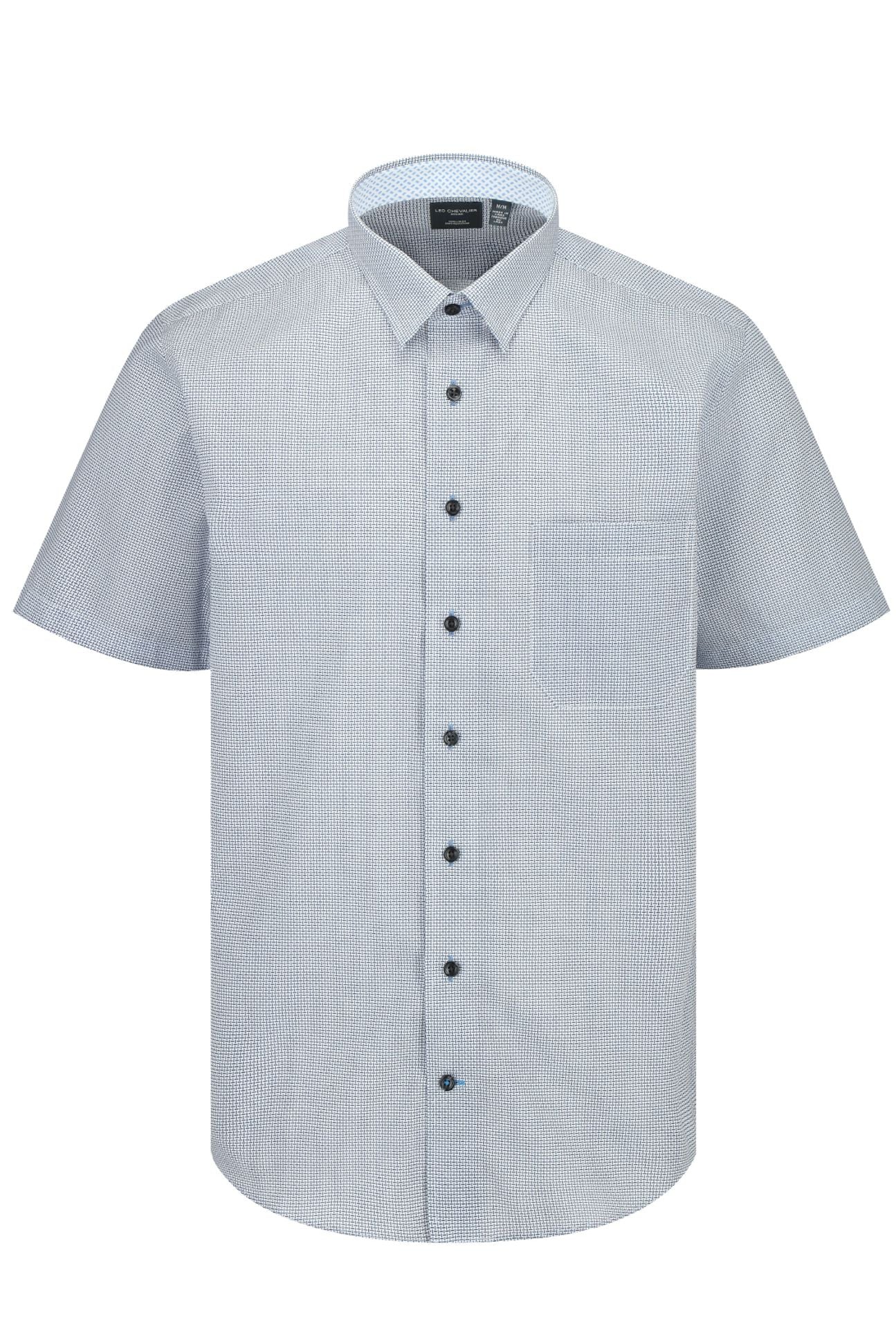 Blue and White Neat Grid Short Sleeve No-Iron Cotton Sport Shirt with Hidden Button Down Collar by Leo Chevalier