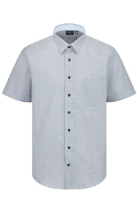 Blue and White Neat Grid Short Sleeve No-Iron Cotton Sport Shirt with Hidden Button Down Collar by Leo Chevalier