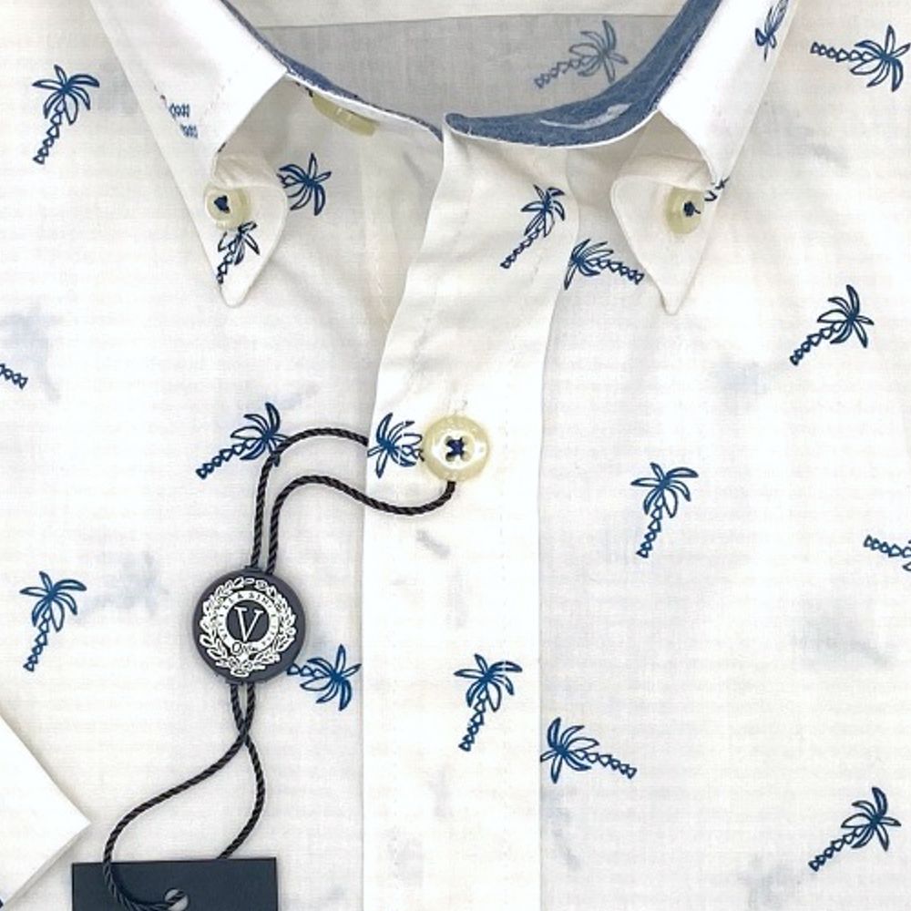 Palm Tree Neat Print Cotton Madras Short Sleeve Cotton Sport Shirt in Navy and White by Viyella
