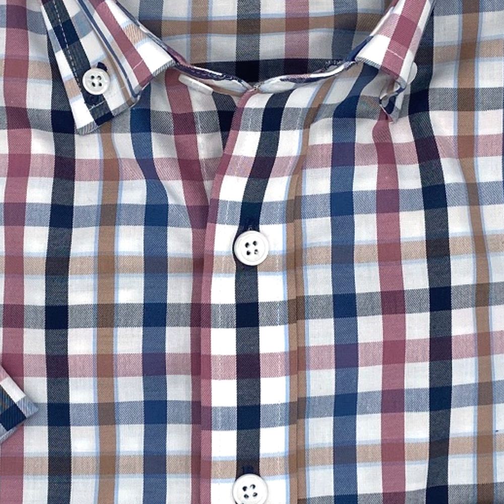 Navy Multi Plaid Short Sleeve No-Iron Cotton Sport Shirt with Button Down Collar by Leo Chevalier