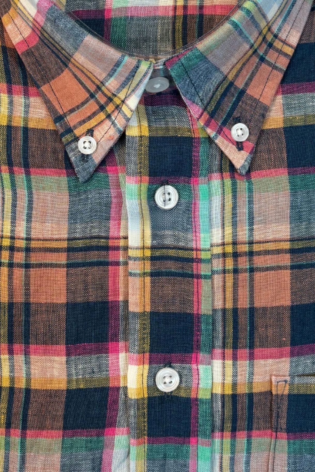 Navy and Orange Multi Plaid Linen Long Sleeve Sport Shirt by Viyella