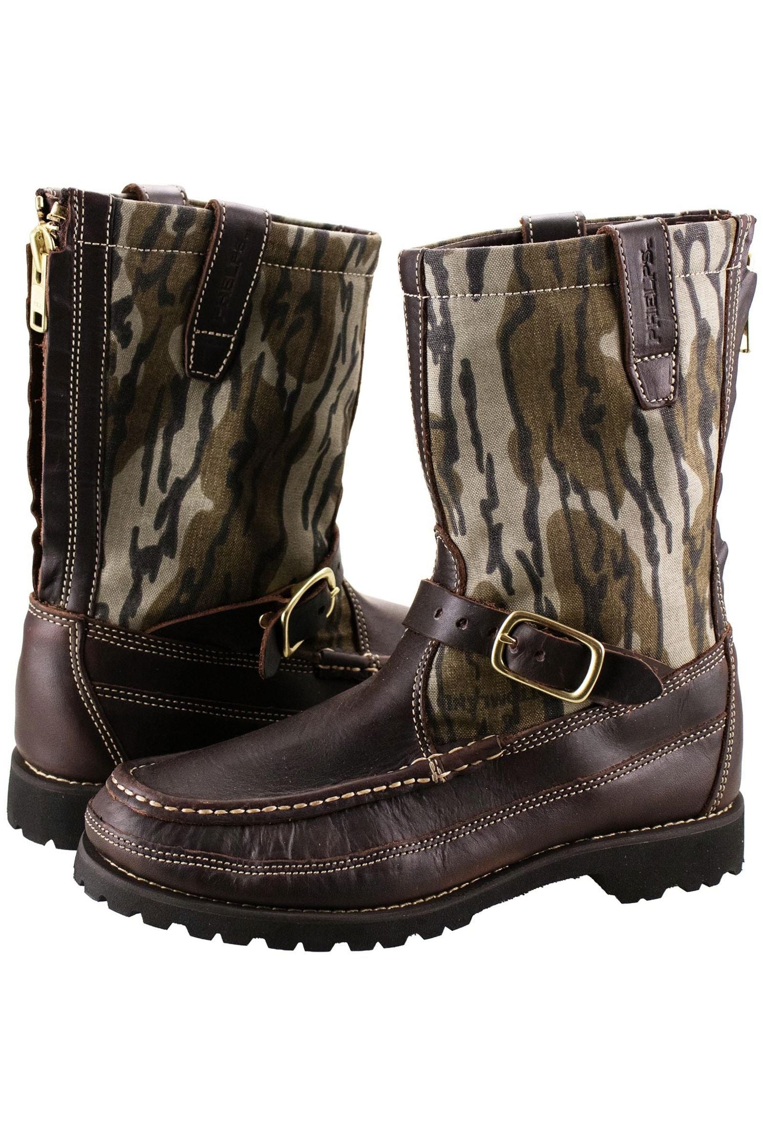 Winfield Oil Tan Leather Hunting Boot in Briar Leather and Bottomlands Camo Canvas by T.B. Phelps