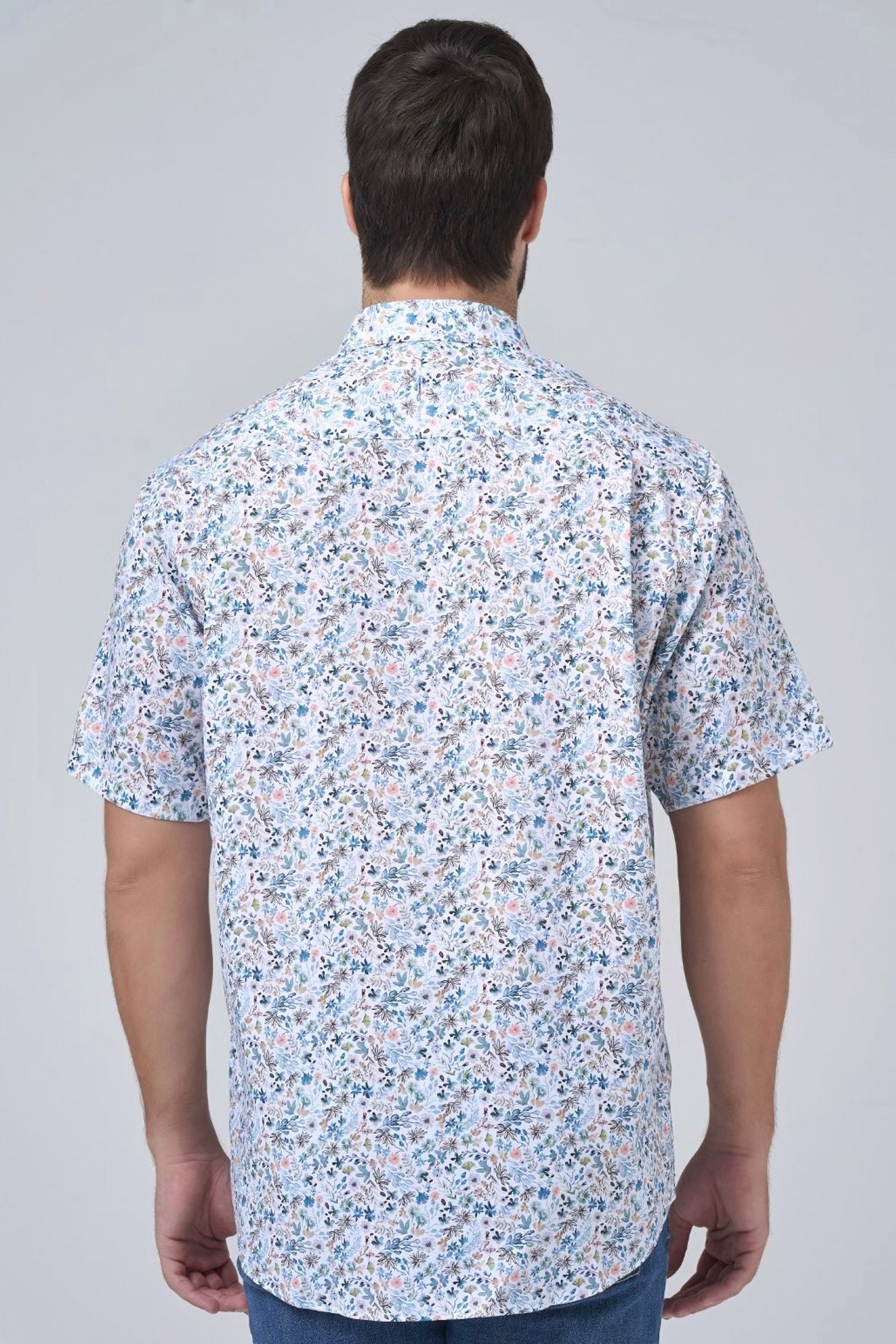 Pastel Mini Floral Print Short Sleeve No-Iron Cotton Sport Shirt with Hidden Button Down Collar by Leo Chevalier