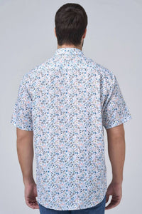 Pastel Mini Floral Print Short Sleeve No-Iron Cotton Sport Shirt with Hidden Button Down Collar by Leo Chevalier