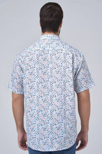 Pastel Mini Floral Print Short Sleeve No-Iron Cotton Sport Shirt with Hidden Button Down Collar by Leo Chevalier