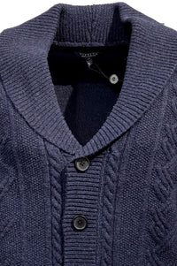 Shawl Collar Wool Blend Button-Front Cable Knit Cardigan Sweater (Size Large) in Indigo by Viyella