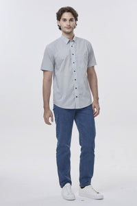 Multi Grey Mini Neat Geometric Short Sleeve No-Iron Cotton Sport Shirt with Hidden Button Down Collar by Leo Chevalier