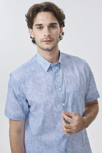 Light Blue and White Speckled Print Short Sleeve No-Iron Cotton Sport Shirt with Hidden Button Down Collar by Leo Chevalier