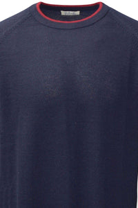 Baby Alpaca Raglan Sleeve Crew Neck Sweater with Contrast Trim in Navy/College Red by Blue 1899
