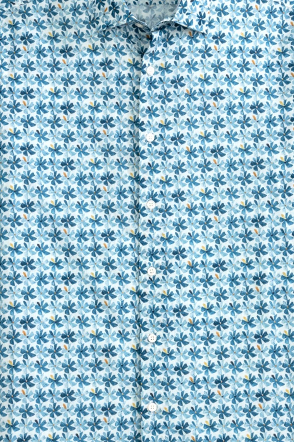 Blue Flower Print Cotton Voile Short Sleeve Sport Shirt by Scott Barber