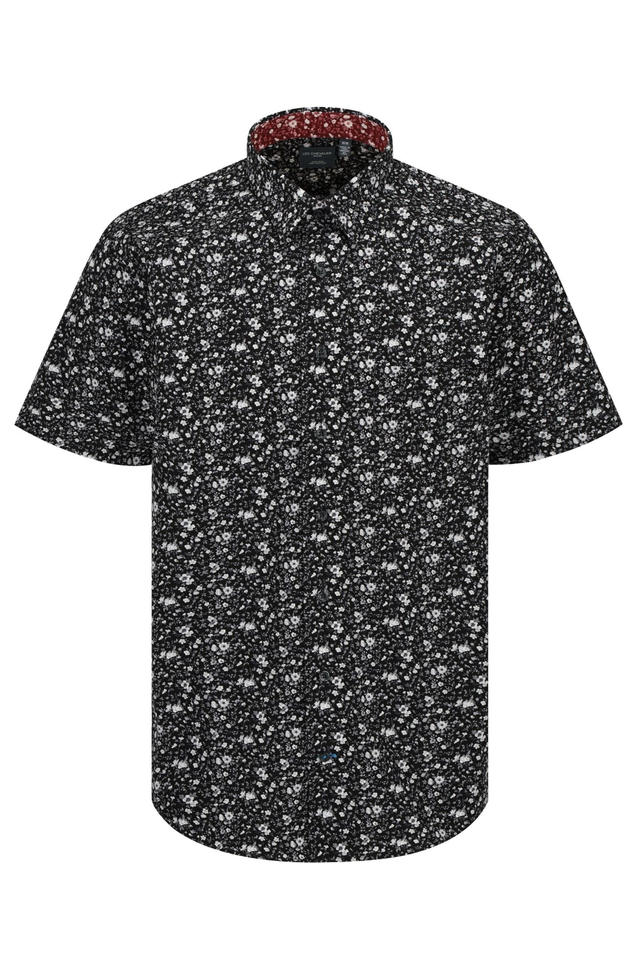 Black and Grey Floral Print Short Sleeve No-Iron Cotton Sport Shirt with Hidden Button Down Collar by Leo Chevalier